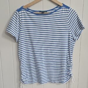 Ralph Lauren Blue Stripe Ruched Side Tie T-Shirt White Cotton Tee XL